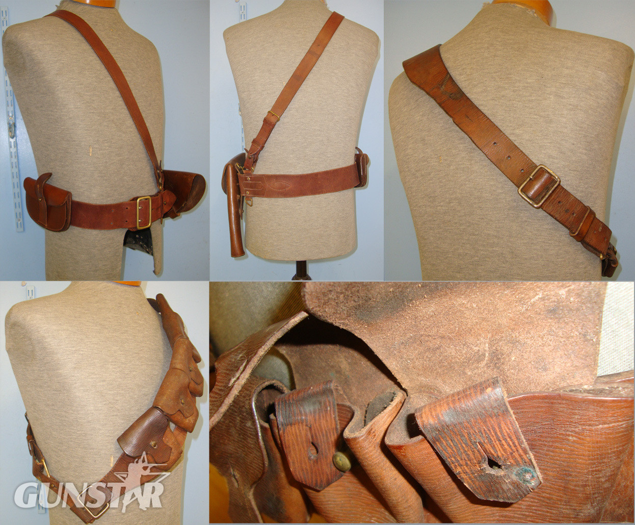  WW1 Era British Mounted Infantry Officer’s Sam Browne Equipment Belt Holster Rig, Cross Belt & 1918 50 Round (5 x 10 Round Pouches) Leather .303 Calibre Ammunition Bandolier By Marney & Co Ltd Walsall G&M. Sn 20741  Other Accessory