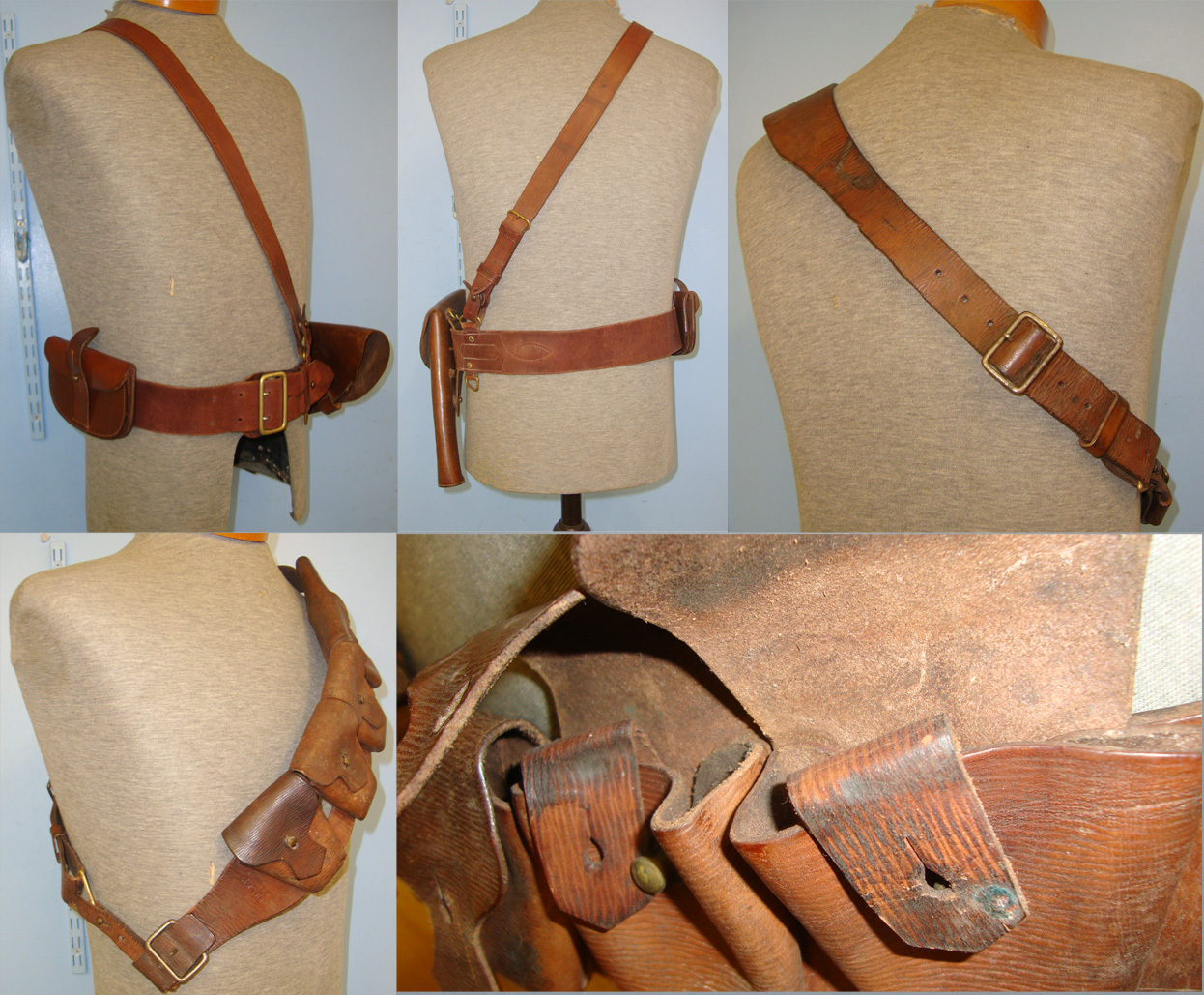  WW1 Era British Mounted Infantry Officer’s Sam Browne Equipment Belt Holster Rig, Cross Belt & 1918 50 Round (5 x 10 Round Pouches) Leather .303 Calibre Ammunition Bandolier By Marney & Co Ltd Walsall G&M. Sn 20741  Other Accessory