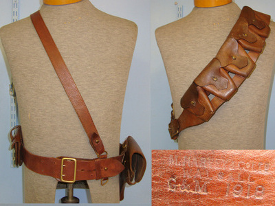 WW1 Era British Mounted Infantry Officer’s Sam Browne Equipment Belt Holster Rig, Cross Belt & 1918 50 Round (5 x 10 Round Pouches) Leather .303 Calibre Ammunition Bandolier By Marney & Co Ltd Walsall G&M. Sn 20741  Other Accessory