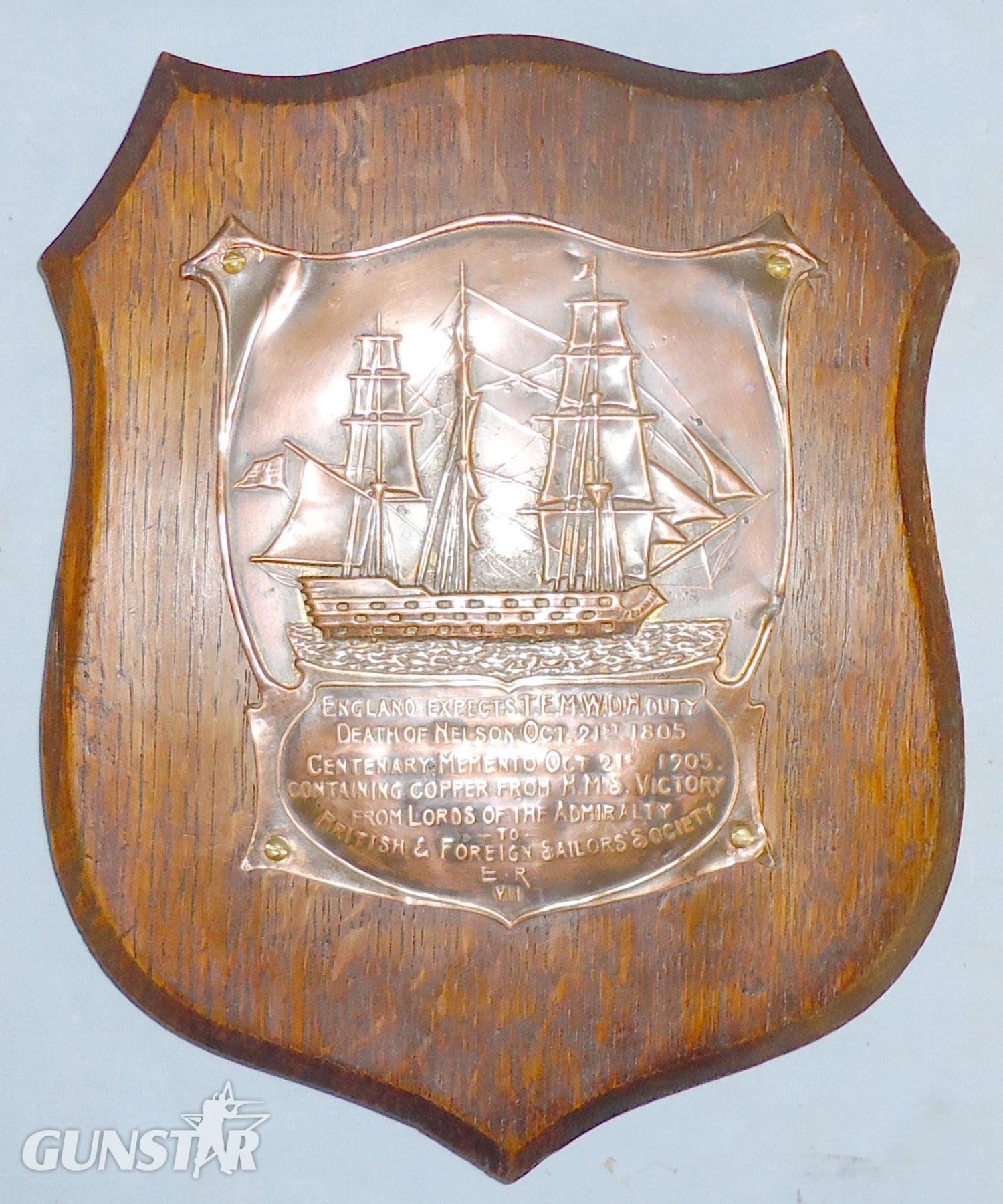 1905 Souvenir Plaque Memento of the Centenary of the Death of Lord Admiral Nelson Original Mounted Piece of Copper Sheathing Plate from the Hull of British War Ship HMS Victory. MISC 1003. 1905 Souvenir Plaque Memento of the Centenary of the Death of Lord Admiral Nelson Original Mounted Piece of Copper Sheathing Plate from the Hull of British War Ship HMS Victory. MISC 1003.  Antique & Militaria in 