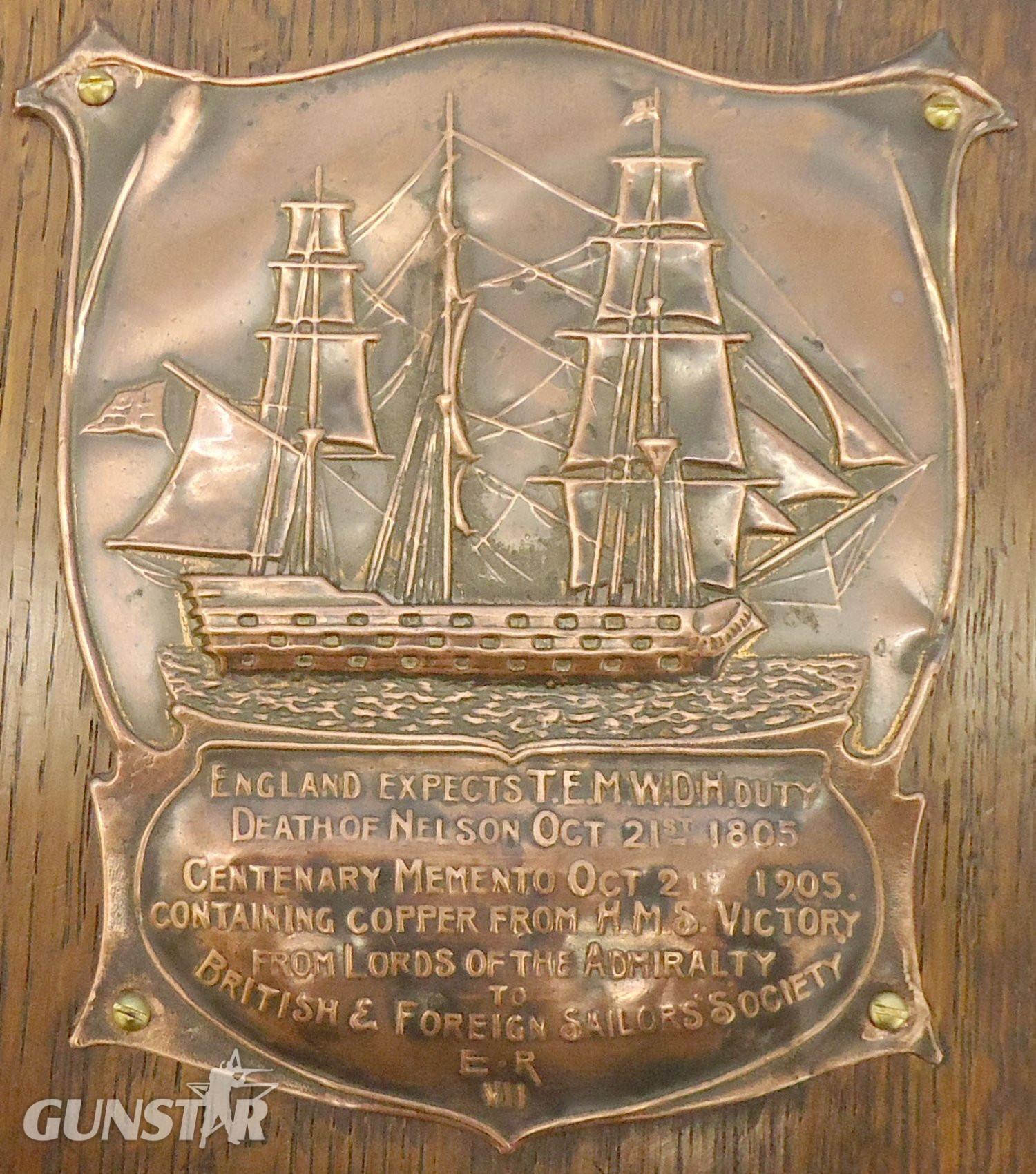 1905 Souvenir Plaque Memento of the Centenary of the Death of Lord Admiral Nelson Original Mounted Piece of Copper Sheathing Plate from the Hull of British War Ship HMS Victory. MISC 1003. 1905 Souvenir Plaque Memento of the Centenary of the Death of Lord Admiral Nelson Original Mounted Piece of Copper Sheathing Plate from the Hull of British War Ship HMS Victory. MISC 1003.  Antique & Militaria
