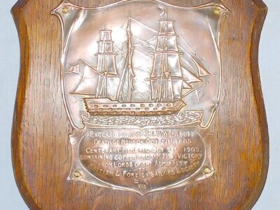 1905 Souvenir Plaque Memento of the Centenary of the Death of Lord Admiral Nelson Original Mounted Piece of Copper Sheathing Plate from the Hull of British War Ship HMS Victory. MISC 1003. 1905 Souvenir Plaque Memento of the Centenary of the Death of Lord Admiral Nelson Original Mounted Piece of Copper Sheathing Plate from the Hull of British War Ship HMS Victory. MISC 1003.  Antique & Militaria