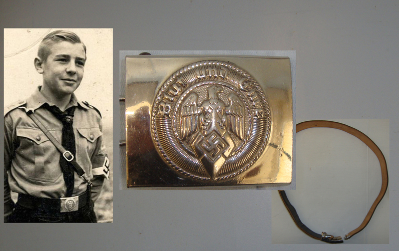  A Hitler Youth HJ Belt and buckle Imprinted ‘Blut Und Ehre’ ‘Blood and Honour’. A Hitler Youth HJ Belt and buckle Imprinted ‘Blut Und Ehre’ ‘Blood and Honour’. Clothing