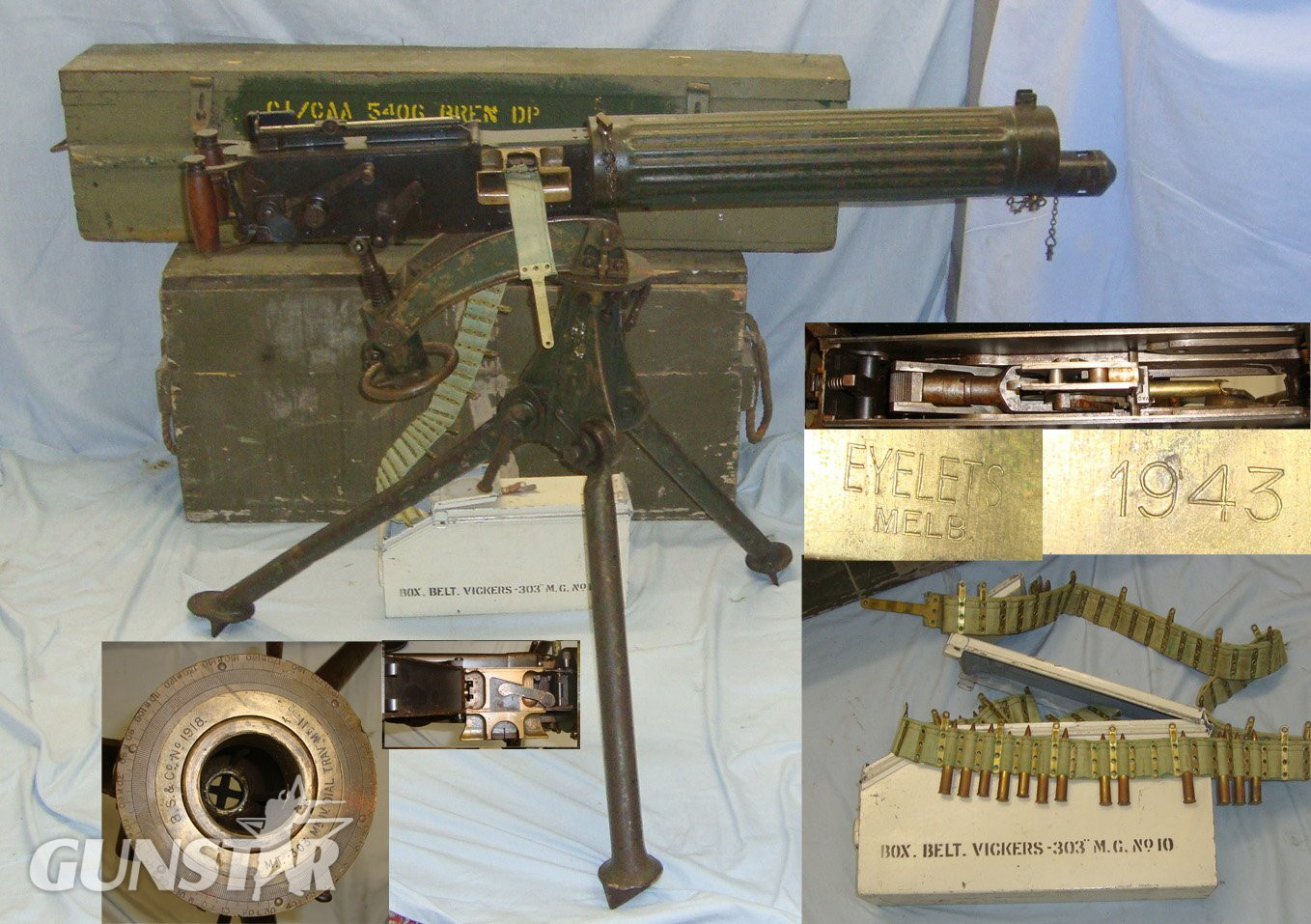  RARE**Transit Cased WW1 1918 British WD Erith Works Vickers .303 Heavy Machine Gun With Later Australian WD marks Indicating Refurbishment For WW2 Use Transit Cased 1918 WD Tripod, 1915 MK IV Mount, Vickers Ammo Tin With 1943 Belt & Inert Rounds.  D 5986 None  Machine Gun