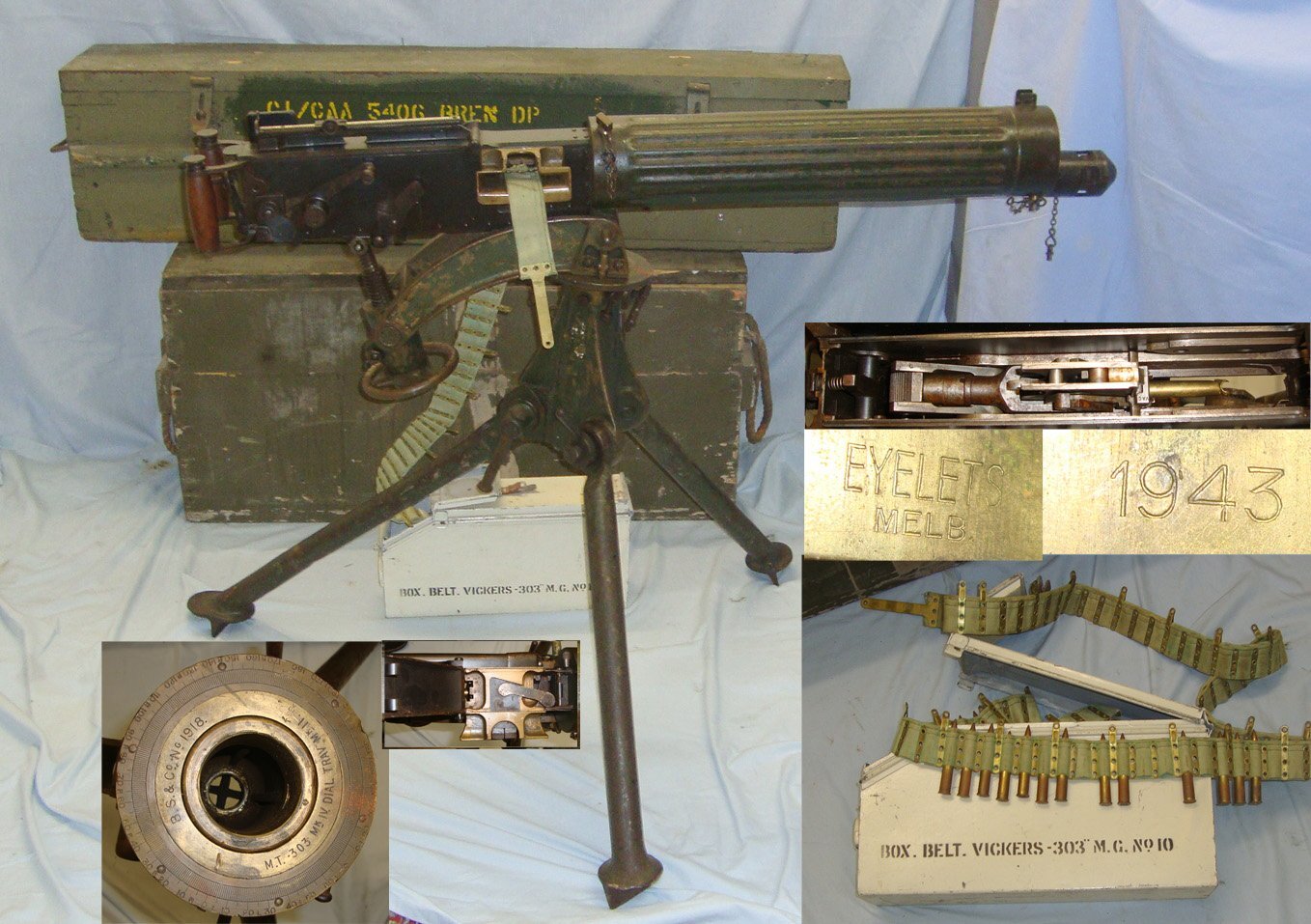  RARE**Transit Cased WW1 1918 British WD Erith Works Vickers .303 Heavy Machine Gun With Later Australian WD marks Indicating Refurbishment For WW2 Use Transit Cased 1918 WD Tripod, 1915 MK IV Mount, Vickers Ammo Tin None Machine Gun