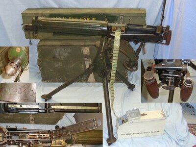 RARE**Transit Cased WW1 1918 British WD Erith Works Vickers .303 Heavy Machine Gun With Later Australian WD marks Indicating Refurbishment For WW2 Use Transit Cased 1918 WD Tripod, 1915 MK IV Mount, Vickers Ammo Tin None Machine Gun