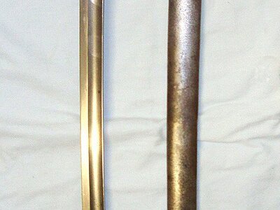 British WD 1885 Pattern Cavalry Troopers Sword By Mole (Birmingham) & WD Scabbard Both With Various Regiment Marks (Some Struck Out) Sn 23174:44 Sword