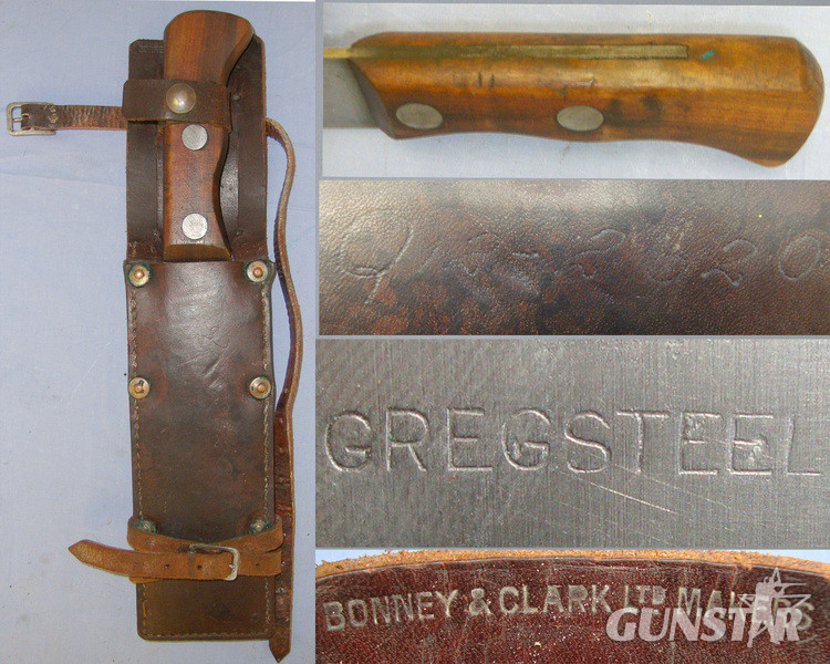 RARE**WW2 Australian WD & USAF Air Crew Jungle Survival Machete/ Fighting Knife With Wood Scales & Steel Blade By Gregsteel Australia & Correct Original Leather Scabbard By Bonney & Clark Ltd With Straps For Leg & Belt Carry Other Blade