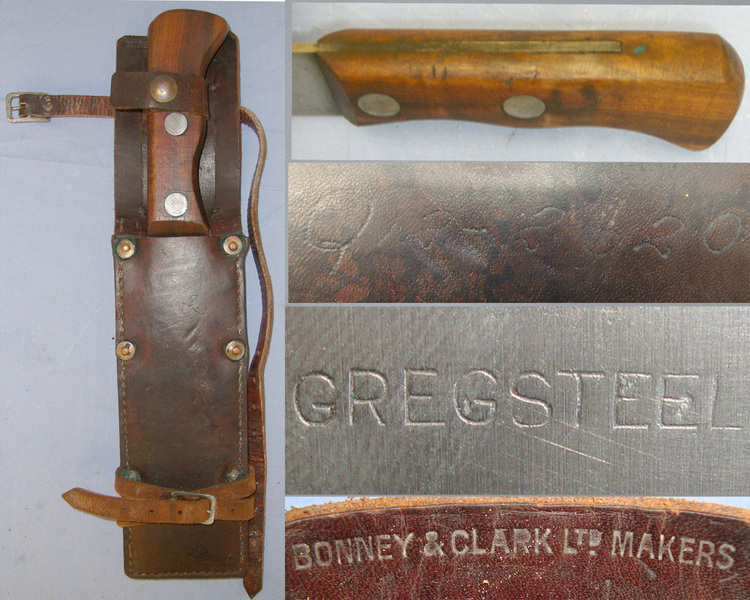 RARE**WW2 Australian WD & USAF Air Crew Jungle Survival Machete/ Fighting Knife With Wood Scales & Steel Blade By Gregsteel Australia & Correct Original Leather Scabbard By Bonney & Clark Ltd With Straps For Leg & Belt Carry Other Blade