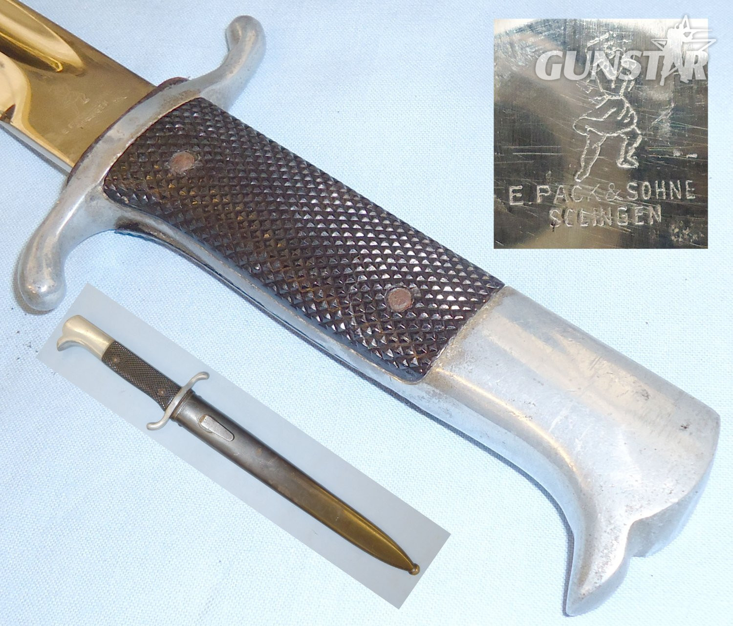 Nazi German M98 Fireman’s (Faschinenmesser) Dress Bayonet by Ernst Pack & Sohne Solingen & Scabbard. BAYO 412. Bayonet