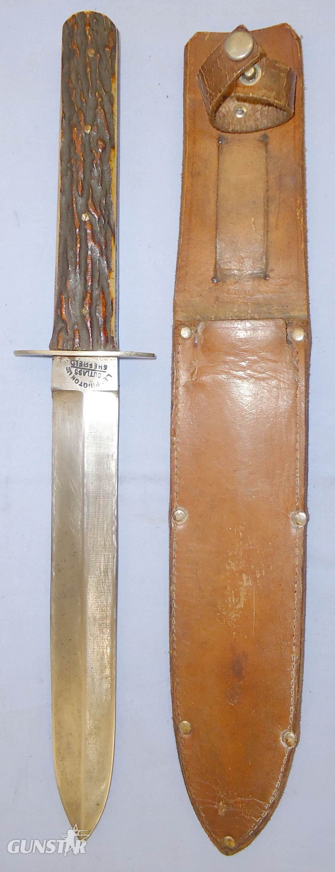 Early 20th Century Fixed Blade ‘CUTLASS’ and Sheath with Stag Horn Grips by Leppington Ltd Sheffield England. 22544. Dagger in 