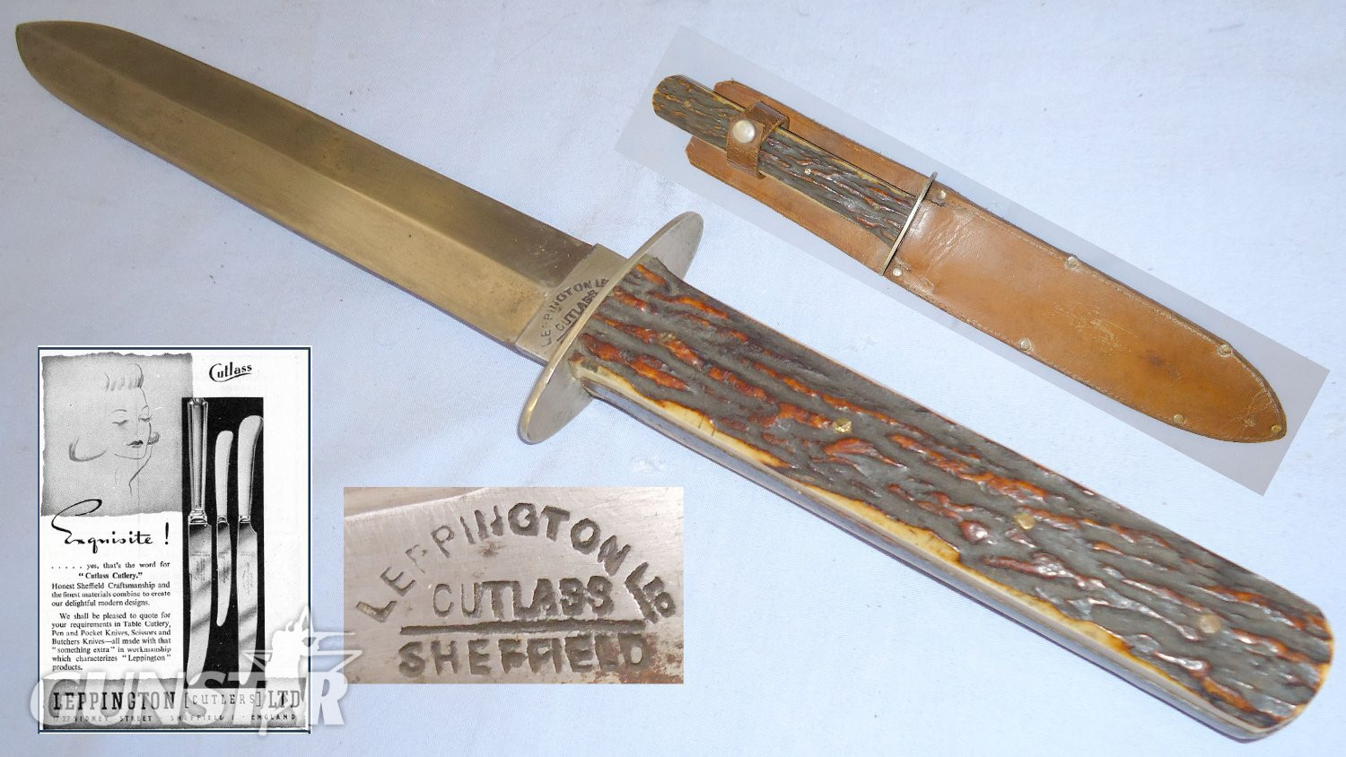 Early 20th Century Fixed Blade ‘CUTLASS’ and Sheath with Stag Horn Grips by Leppington Ltd Sheffield England. 22544. Dagger