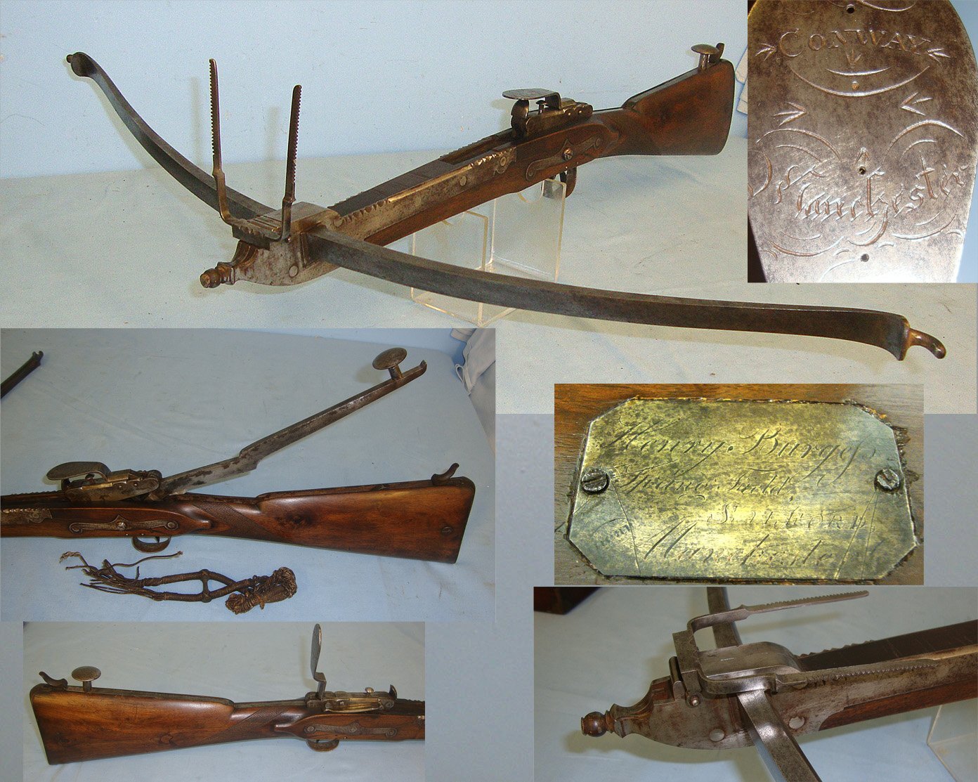 QUALITY**RARE**1810-1852 English Thomas Conway Manchester Hunting ‘Stone Bow’ (Large Wood & Steel Bullet Shooting Crossbow) In A Bespoke Period Solid Mahogany Case With Inscribed Plate To ‘Henry Burgess Springfield Salford’. Sn 15212  Crossbows and Bows