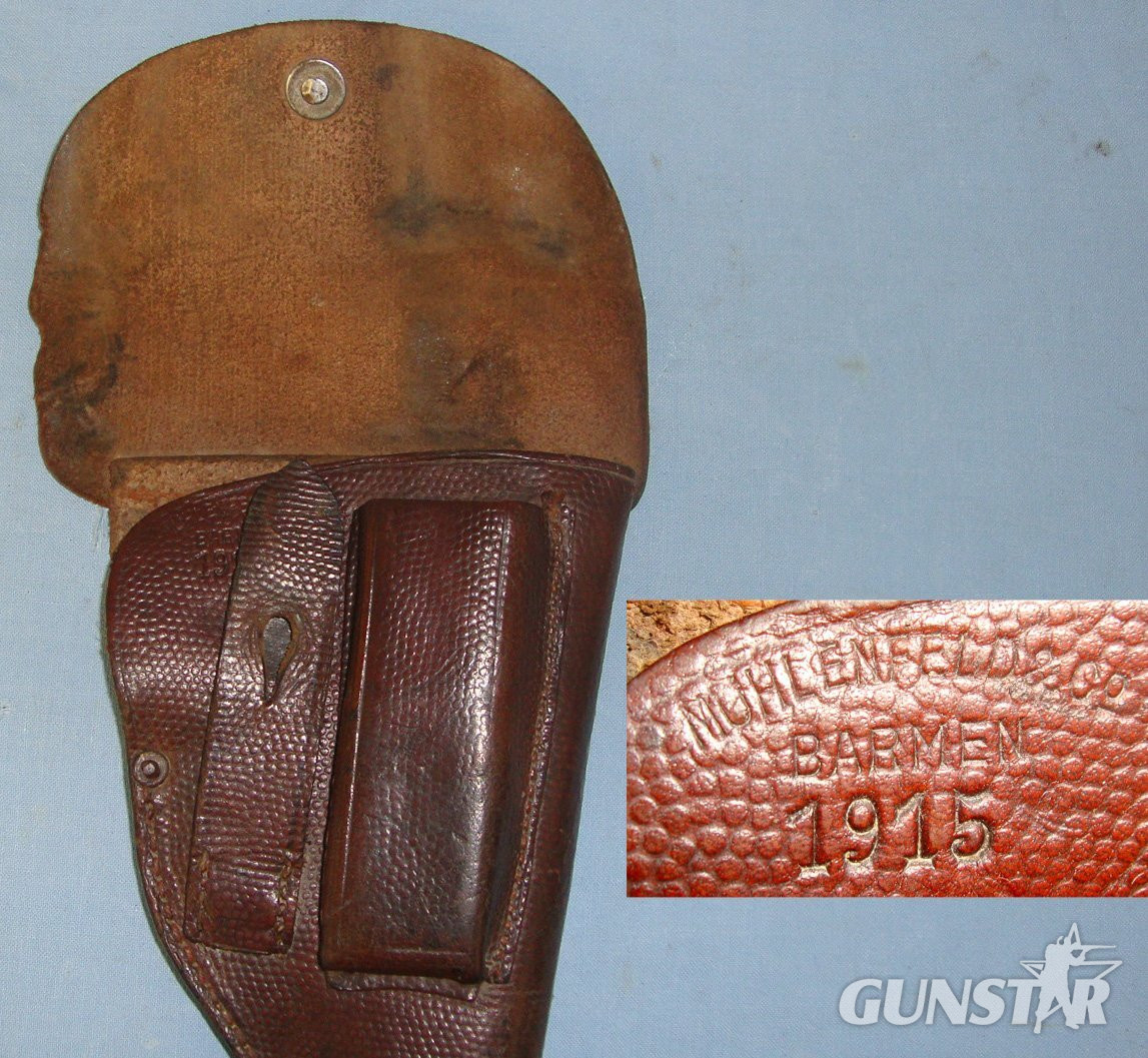 WW1 1915 German Brown Leather Holster For 7.65mm Calibre Semi Automatic Pistols By Muhlenfeld & Co Barmen (Rhine Valley Germany). L 349   Care & Storage in 