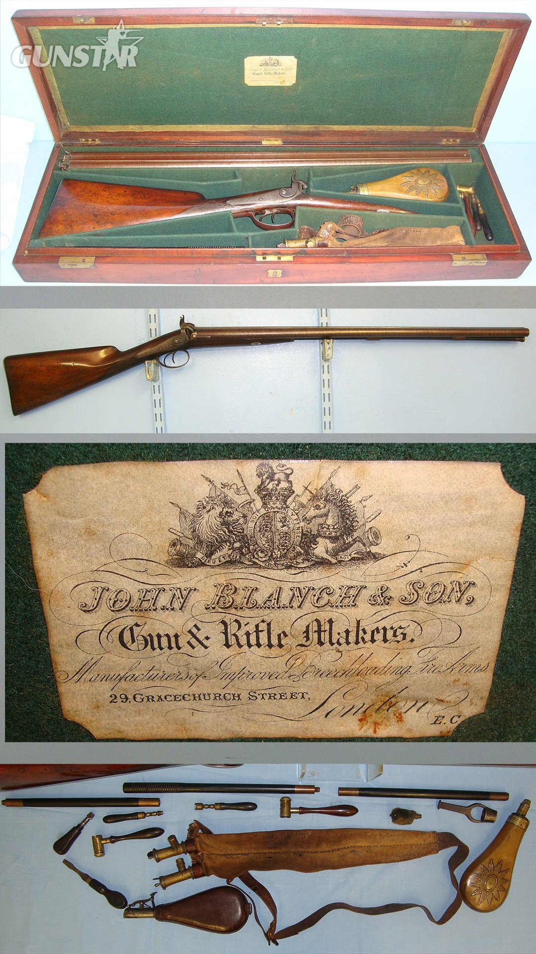 QUALITY**Cased, Victorian Era, John Blanch 29 Gracechurch Street, London 13 Bore Double Damascus Barrelled, Muzzle Loading, Percussion  Sporting Shotgun & Many Accessories. Sn 23318 Muzzleloader 13 Bore/gauge
