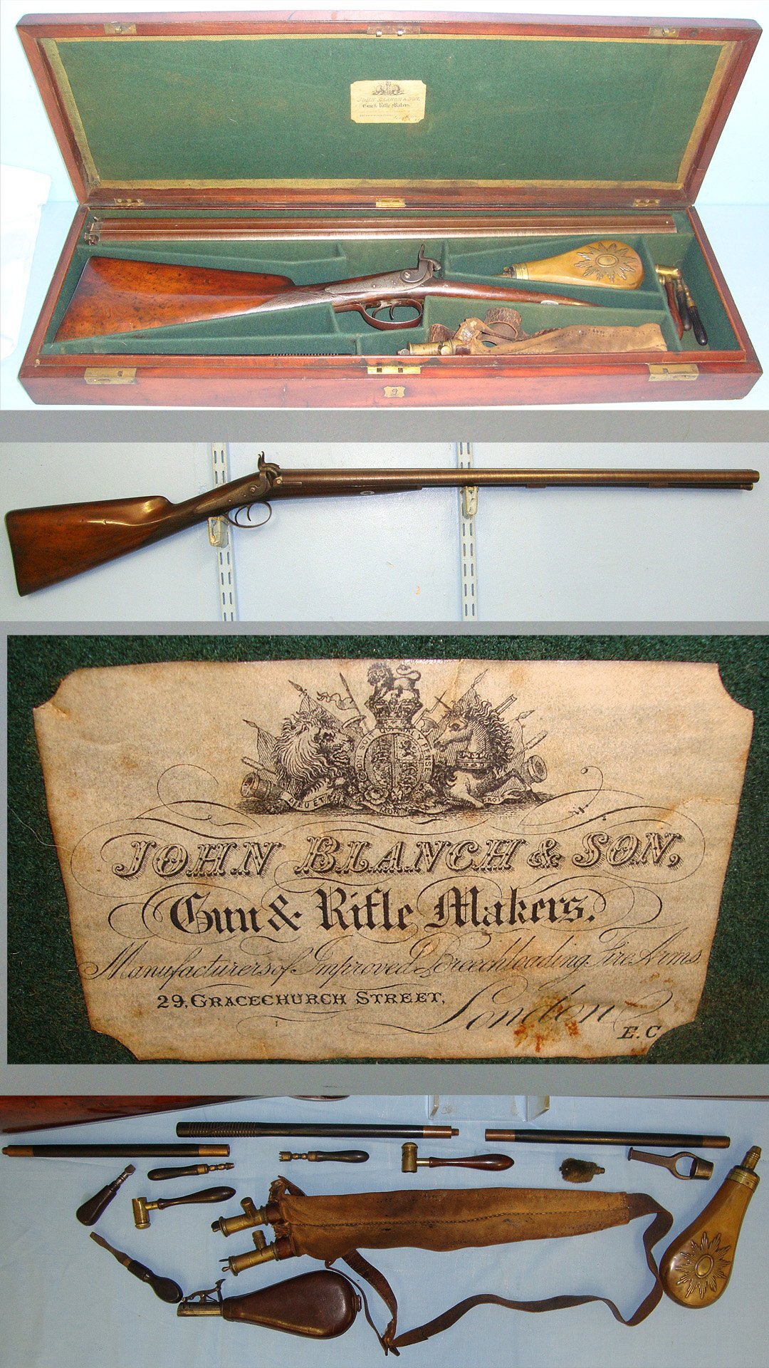 QUALITY**Cased, Victorian Era, John Blanch 29 Gracechurch Street, London 13 Bore Double Damascus Barrelled, Muzzle Loading, Percussion  Sporting Shotgun & Many Accessories. Sn 23318 Muzzleloader 13 Bore/gauge