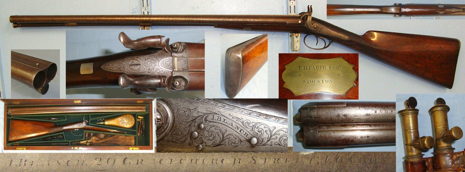  QUALITY**Cased, Victorian Era, John Blanch 29 Gracechurch Street, London 13 Bore Double Damascus Barrelled, Muzzle Loading, Percussion  Sporting Shotgun & Many Accessories. Sn 23318 Muzzleloader 13 Bore/gauge