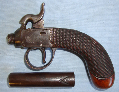 Mid 1800's, English .45" Bore Box Lock Percussion Pocket Pistol With Screw Off B Mid 1800's, English .45" Bore Box Lock Percussion Pocket Pistol With Screw Off B .45 Muzzleloader