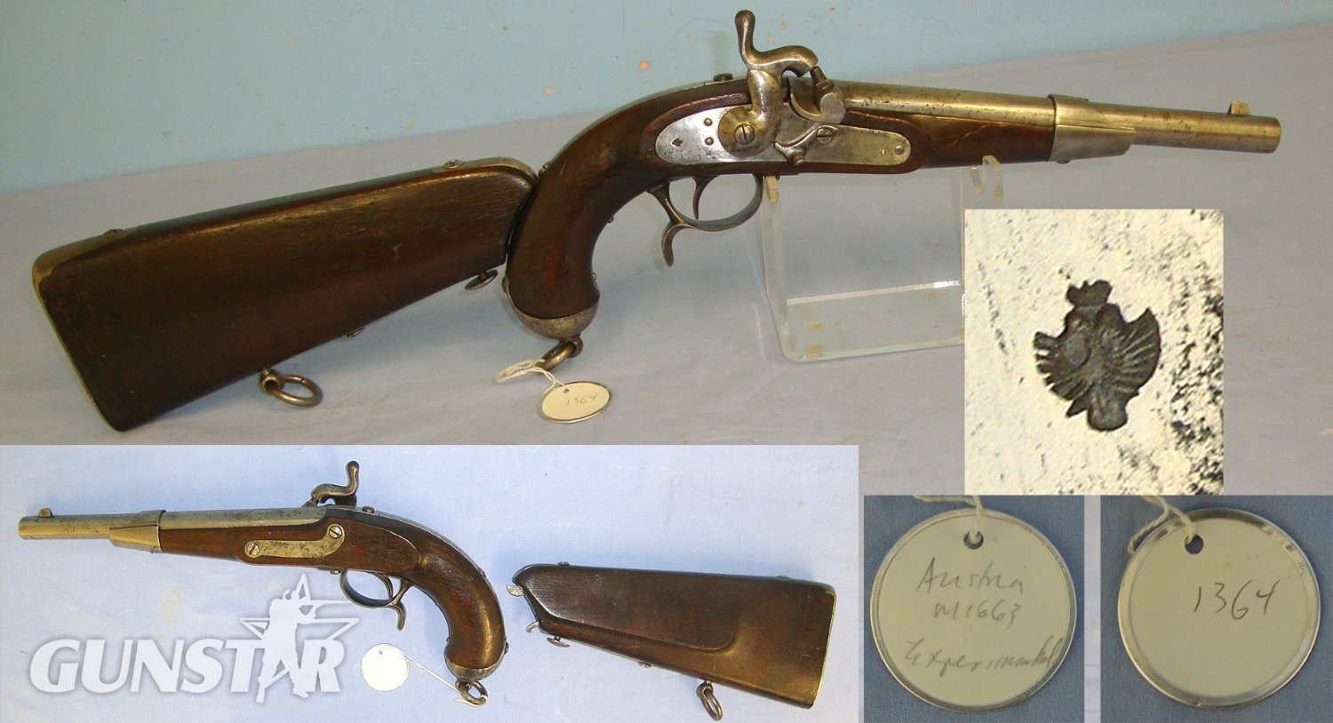 RARE**EXPERIMENTAL**Austrian Model 1863 29 Bore Convertible Percussion Rifled Barrel Combination Cavalry Pistol Carbine With Saddle Rings & Original Removable Shoulder Stock  Gun Number 1364 Brooker Collection. Sn 23124 None Muzzleloader in 