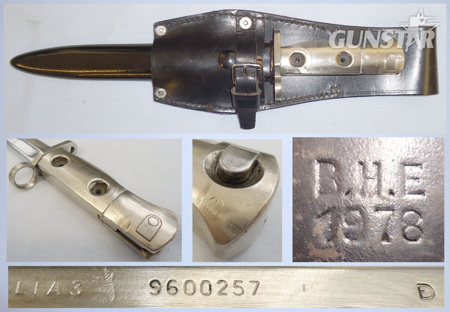 British L1A3 Bayonet Scabbard and Leather Parade Frog. BAYO 434. Bayonet