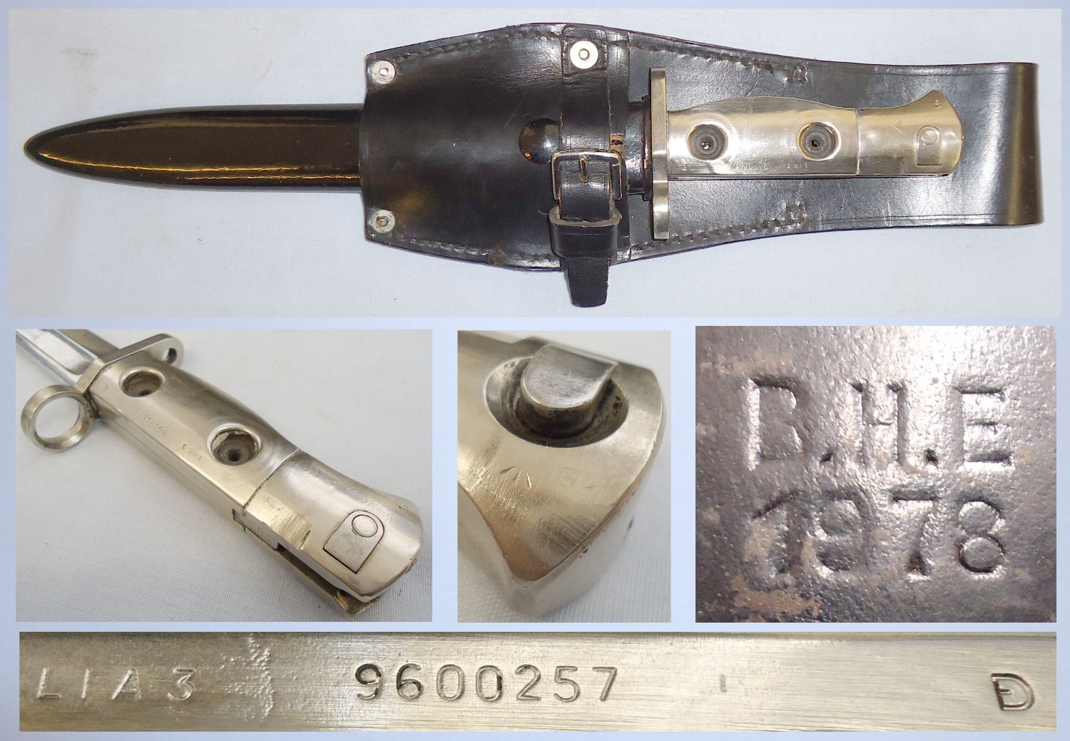 British L1A3 Bayonet Scabbard and Leather Parade Frog. BAYO 434. Bayonet