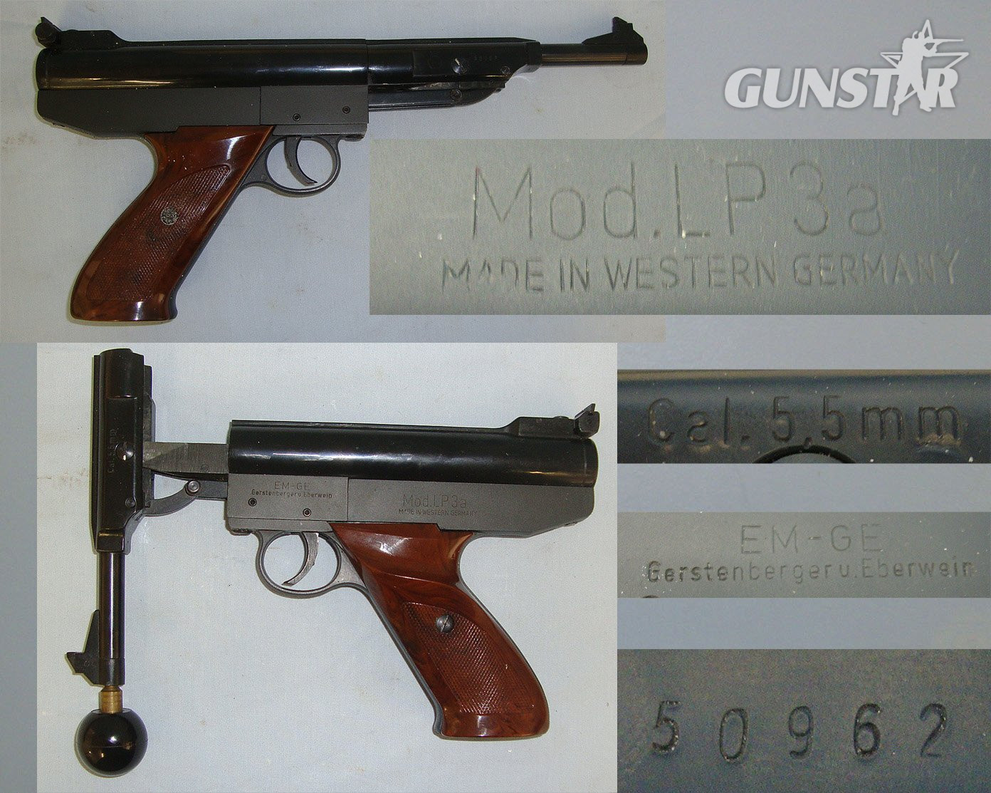 Boxed, Mint, Post 1950's West German Gerstenberger & Eberwein, EM-GE Model LP3a, .22 Calibre 'Break Action' Air Pistol With Cocking Aid & Other Accessories. AI 590 air pistol .22