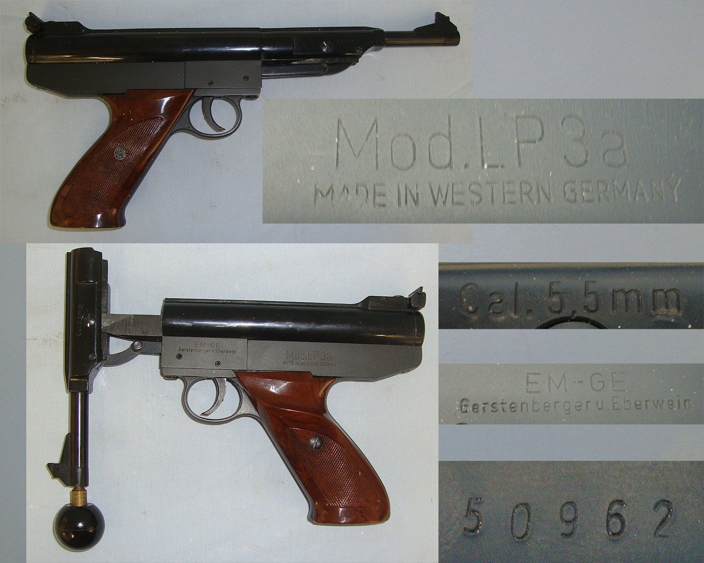 Boxed, Mint, Post 1950's West German Gerstenberger & Eberwein, EM-GE Model LP3a, .22 Calibre 'Break Action' Air Pistol With Cocking Aid & Other Accessories. AI 590 air pistol .22