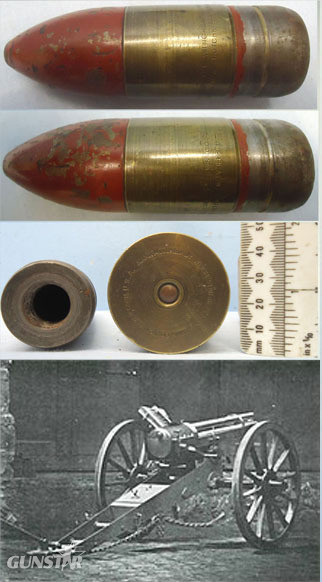 INERT DEACTIVATED. Unfired American 1891 Dated Hotchkiss 37mm / 1.45 inch Heavy Land Service Revolver Cannon (37x119R) High Explosive (HE) Round. - O 1636 INERT DEACTIVATED. Unfired American 1891 Dated Hotchkiss 37mm / 1.45 inch Heavy Land Service Revolver Cannon (37x119R) High Explosive (HE) Round. - O 1636  Other Ammunition