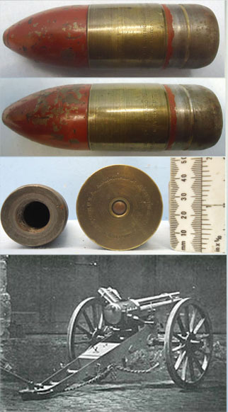 INERT DEACTIVATED. Unfired American 1891 Dated Hotchkiss 37mm / 1.45 inch Heavy Land Service Revolver Cannon (37x119R) High Explosive (HE) Round. - O 1636 INERT DEACTIVATED. Unfired American 1891 Dated Hotchkiss 37mm / 1.45 inch Heavy Land Service Revolver Cannon (37x119R) High Explosive (HE) Round. - O 1636  Other Ammunition