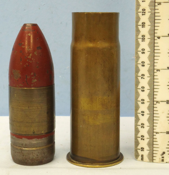  INERT DEACTIVATED. Unfired American 1891 Dated Hotchkiss 37mm / 1.45 inch Heavy Land Service Revolver Cannon (37x119R) High Explosive (HE) Round. - O 1636 INERT DEACTIVATED. Unfired American 1891 Dated Hotchkiss 37mm / 1.45 inch Heavy Land Service Revolver Cannon (37x119R) High Explosive (HE) Round. - O 1636  Other Ammunition