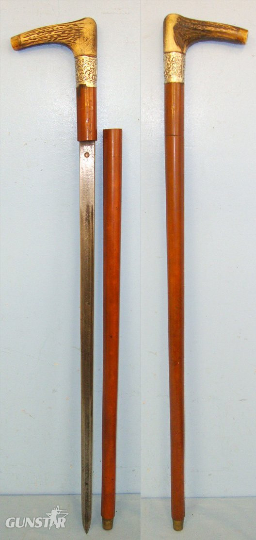 Victorian Era English Gentleman’s Mallaca Sword Stick with Curved Stag Antler Handle & Full-Size British Military Proofed Sword Blade. Sn 20739:1. Victorian Era English Gentleman’s Mallaca Sword Stick with Curved Stag Antler Handle & Full-Size British Military Proofed Sword Blade. Sn 20739:1. Antique & Militaria in 