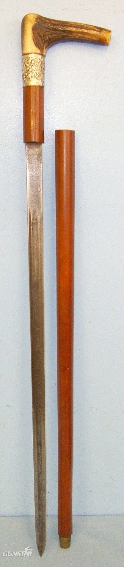  Victorian Era English Gentleman’s Mallaca Sword Stick with Curved Stag Antler Handle & Full-Size British Military Proofed Sword Blade. Sn 20739:1. Victorian Era English Gentleman’s Mallaca Sword Stick with Curved Stag Antler Handle & Full-Size British Military Proofed Sword Blade. Sn 20739:1. Antique & Militaria