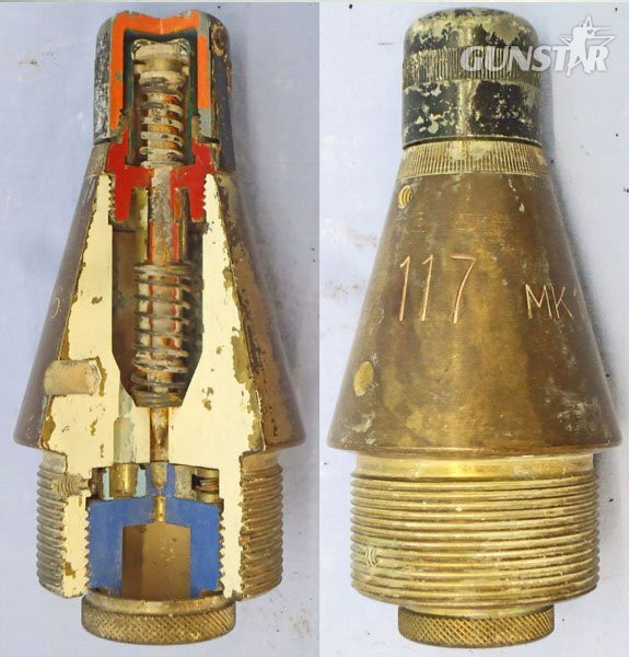INERT DEACTIVATED. British, Quarter Sectioned, Instruction, No 117 MK 17/6 Impact Nose Fuze For British High Explosive Projectiles. - O 2123 INERT DEACTIVATED. This is a British No 117 Mark 17/6 nose impact fuze which has had a quarter section taken out of it for instruction purposes to reveal the inner workings. The fuze was used for British high explosive artillery projectiles. This brass in  Other Ammunition in 