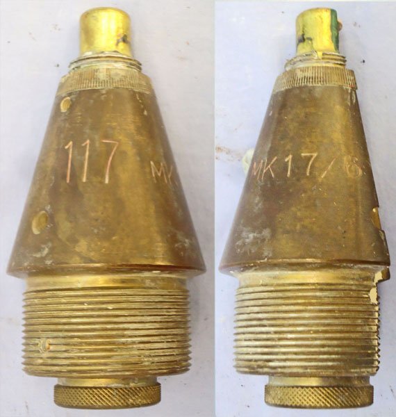 INERT DEACTIVATED. British, Quarter Sectioned, Instruction, No 117 MK 17/6 Impact Nose Fuze For British High Explosive Projectiles. - O 2123 INERT DEACTIVATED. This is a British No 117 Mark 17/6 nose impact fuze which has had a quarter section taken out of it for instruction purposes to reveal the inner workings. The fuze was used for British high explosive artillery projectiles. This brass in  Other Ammunition