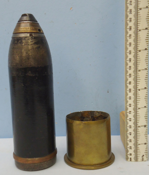INERT DEACTIVATED. Unfired German 60 x 64R, 1903 Dated 6 cm S-Bts K L/21 High Explosive Round. INERT DEACTIVATED. Unfired German 60 x 64R, 1903 Dated 6 cm S-Bts K L/21 High Explosive Round.  Cartridges