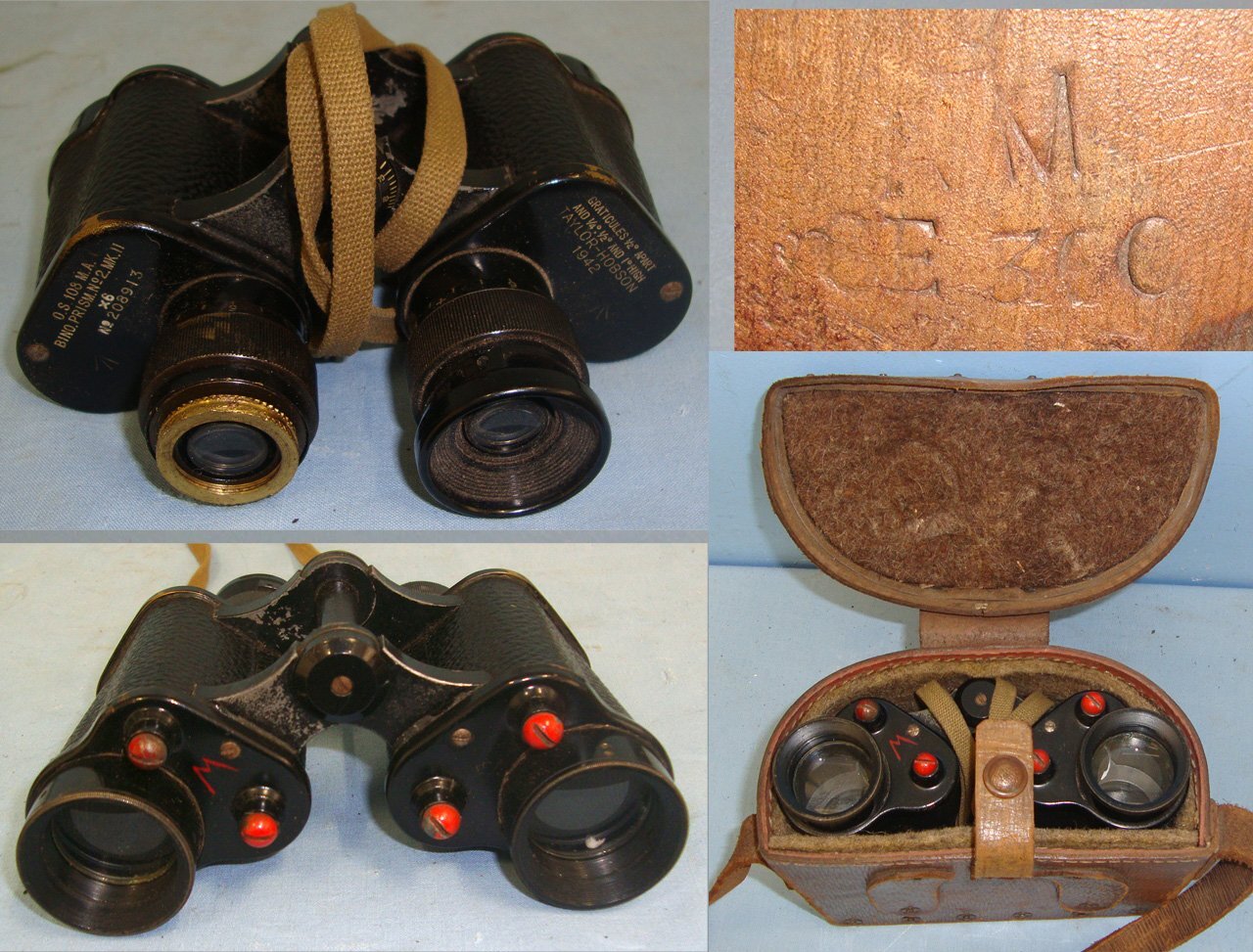 SCARCE**WW2 British 1939 Pattern ME Co (Mills Equipment Company) Leather Binocular Case With Shoulder Strap & WW2 1942 British WD Taylor Hobson No.2 MK II, 6X Magnification Prismatic Binoculars With Neck Strap. OPT 864  Sight & Optic
