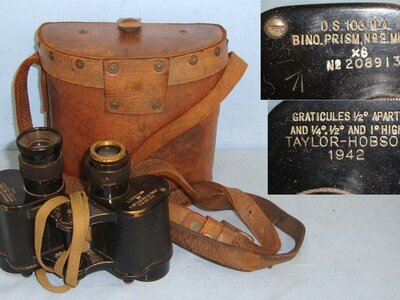 SCARCE**WW2 British 1939 Pattern ME Co (Mills Equipment Company) Leather Binocular Case With Shoulder Strap & WW2 1942 British WD Taylor Hobson No.2 MK II, 6X Magnification Prismatic Binoculars With Neck Strap. OPT 864  Sight & Optic