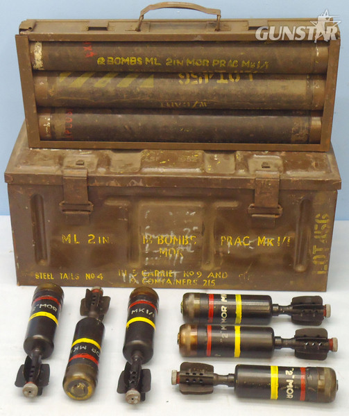 DEACTIVATED INERT. Unfired Original Full Carrying Case of Six (6), 1944 Dated British 2 Inch Practice (High Explosive) Mortar Reissued In 1952 In Transit Tube and the original 1944 Dated No.9 Carrying Case & No.B167A Steel Outer Case. - O 1708 DEACTIVATED INERT. Unfired Original Full Carrying Case of Six (6), 1944 Dated British 2 Inch Practice (High Explosive) Mortar Reissued In 1952 In Transit Tube and the original 1944 Dated No.9 Carrying Case & No.B167A Steel Outer Case. - O 1708  Other Ammunition in 
