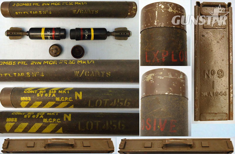 DEACTIVATED INERT. Unfired Original Full Carrying Case of Six (6), 1944 Dated British 2 Inch Practice (High Explosive) Mortar Reissued In 1952 In Transit Tube and the original 1944 Dated No.9 Carrying Case & No.B167A Steel Outer Case. - O 1708 DEACTIVATED INERT. Unfired Original Full Carrying Case of Six (6), 1944 Dated British 2 Inch Practice (High Explosive) Mortar Reissued In 1952 In Transit Tube and the original 1944 Dated No.9 Carrying Case & No.B167A Steel Outer Case. - O 1708  Other Ammunition