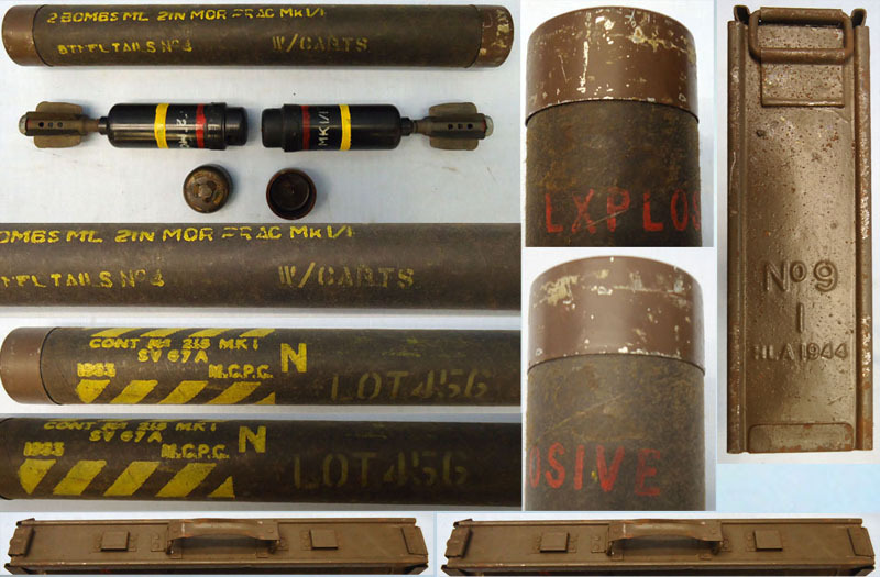 DEACTIVATED INERT. Unfired Original Full Carrying Case of Six (6), 1944 Dated British 2 Inch Practice (High Explosive) Mortar Reissued In 1952 In Transit Tube and the original 1944 Dated No.9 Carrying Case & No.B167A Steel Outer Case. - O 1708 DEACTIVATED INERT. Unfired Original Full Carrying Case of Six (6), 1944 Dated British 2 Inch Practice (High Explosive) Mortar Reissued In 1952 In Transit Tube and the original 1944 Dated No.9 Carrying Case & No.B167A Steel Outer Case. - O 1708  Other Ammunition