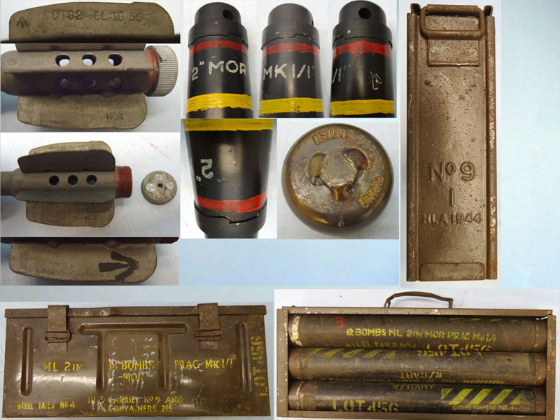 DEACTIVATED INERT. Unfired Original Full Carrying Case of Six (6), 1944 Dated British 2 Inch Practice (High Explosive) Mortar Reissued In 1952 In Transit Tube and the original 1944 Dated No.9 Carrying Case & No.B167A Steel Outer Case. - O 1708 DEACTIVATED INERT. Unfired Original Full Carrying Case of Six (6), 1944 Dated British 2 Inch Practice (High Explosive) Mortar Reissued In 1952 In Transit Tube and the original 1944 Dated No.9 Carrying Case & No.B167A Steel Outer Case. - O 1708  Other Ammunition