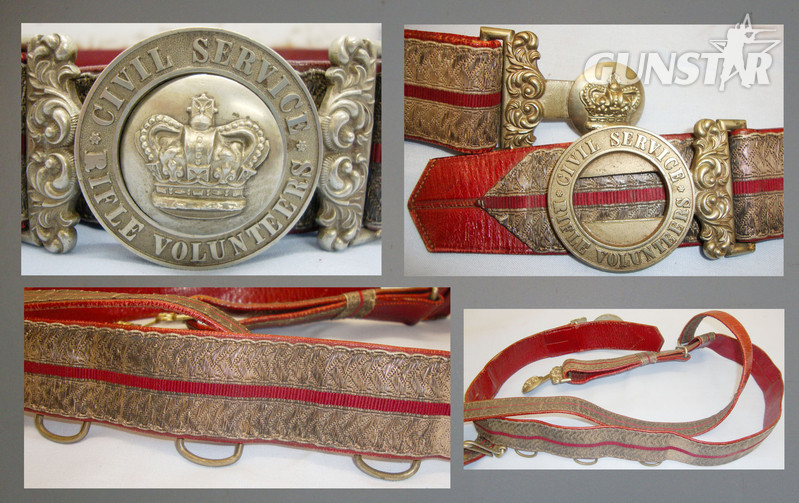 Victorian ‘Civil Service Rifle Volunteers’ Red Morocco Leather & Gold Lace Dress Sword Belt with 2 Piece Crown Buckle & Sword Hanging Straps. 19966:39. Victorian ‘Civil Service Rifle Volunteers’ Red Morocco Leather & Gold Lace Dress Sword Belt with 2 Piece Crown Buckle & Sword Hanging Straps. 19966:39. Antique & Militaria