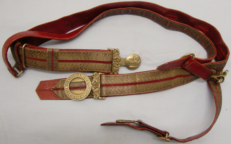  Victorian ‘Civil Service Rifle Volunteers’ Red Morocco Leather & Gold Lace Dress Sword Belt with 2 Piece Crown Buckle & Sword Hanging Straps. 19966:39. Victorian ‘Civil Service Rifle Volunteers’ Red Morocco Leather & Gold Lace Dress Sword Belt with 2 Piece Crown Buckle & Sword Hanging Straps. 19966:39. Antique & Militaria
