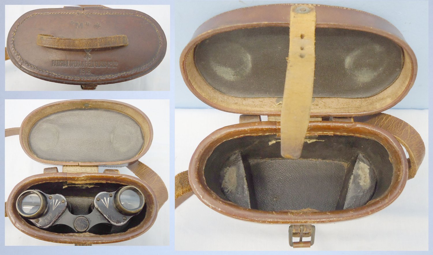  WWI British Officers Field Binoculars and Dated 1918 Leather Case by Manufacturer Parisian Opera & Field Glass Co Ltd. OPT 837. WWI British Officers Field Binoculars and Dated 1918 Leather Case by Manufacturer Parisian Opera & Field Glass Co Ltd. OPT 837.  Antique & Militaria