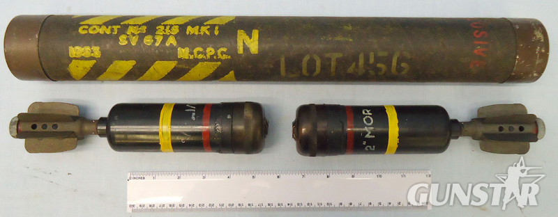 DEACTIVATED INERT. Unfired Original Pair Of 1944 Dated British 2 Inch Practice (High Explosive) Mortar Reissued In 1952 In No 215 Cardboard Transit Tube. - O 1707 DEACTIVATED INERT. Unfired Original Pair Of 1944 Dated British 2 Inch Practice (High Explosive) Mortar Reissued In 1952 In No 215 Cardboard Transit Tube. - O 1707  Other Ammunition in 