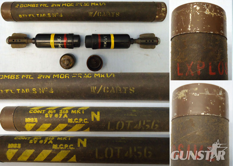DEACTIVATED INERT. Unfired Original Pair Of 1944 Dated British 2 Inch Practice (High Explosive) Mortar Reissued In 1952 In No 215 Cardboard Transit Tube. - O 1707 DEACTIVATED INERT. Unfired Original Pair Of 1944 Dated British 2 Inch Practice (High Explosive) Mortar Reissued In 1952 In No 215 Cardboard Transit Tube. - O 1707  Other Ammunition