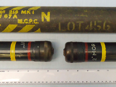 DEACTIVATED INERT. Unfired Original Pair Of 1944 Dated British 2 Inch Practice (High Explosive) Mortar Reissued In 1952 In No 215 Cardboard Transit Tube. - O 1707 DEACTIVATED INERT. Unfired Original Pair Of 1944 Dated British 2 Inch Practice (High Explosive) Mortar Reissued In 1952 In No 215 Cardboard Transit Tube. - O 1707  Other