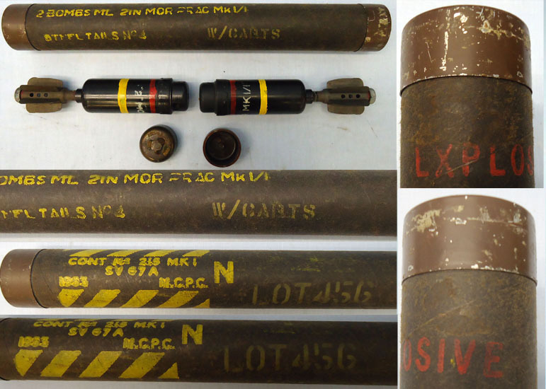 DEACTIVATED INERT. Unfired Original Pair Of 1944 Dated British 2 Inch Practice (High Explosive) Mortar Reissued In 1952 In No 215 Cardboard Transit Tube. - O 1707 DEACTIVATED INERT. Unfired Original Pair Of 1944 Dated British 2 Inch Practice (High Explosive) Mortar Reissued In 1952 In No 215 Cardboard Transit Tube. - O 1707  Other Ammunition