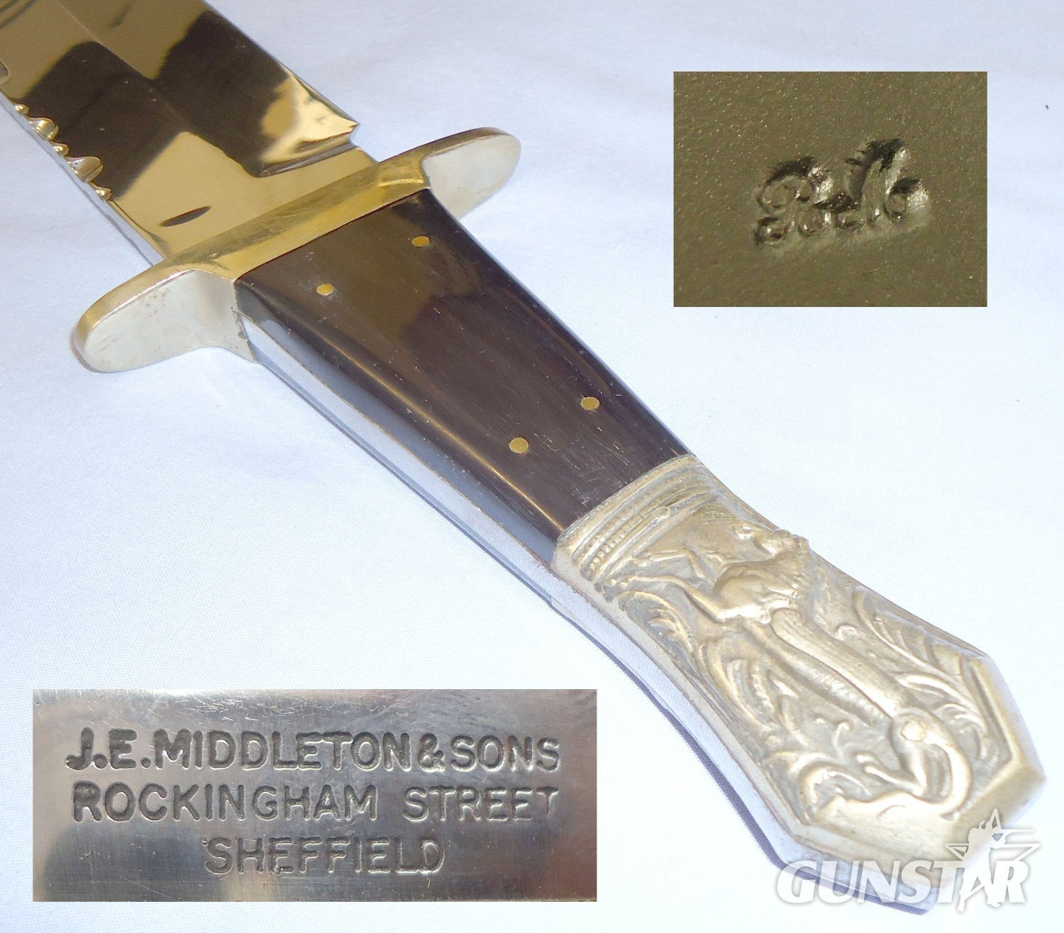 J.E. Middleton & Sons, Sheffield Large Hand Made Bowie Knife with Polished Buffalo Horn Scales, Embossed Mythical Beast Hybrid ‘Horse/ Alligator’ Brass Pommel & Scabbard. - ED 2195 Hunting Knive
