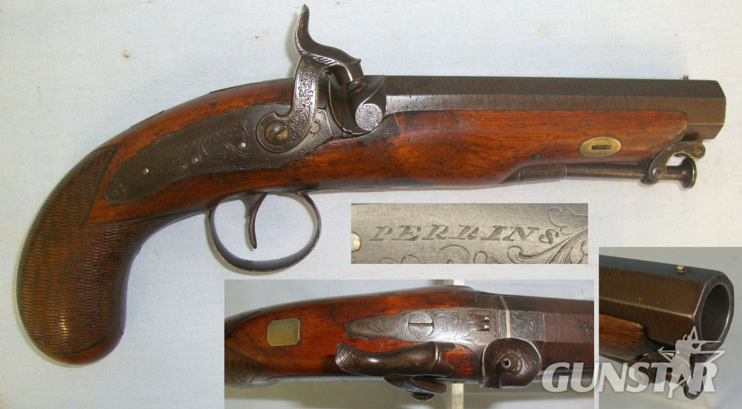1834-1853 English Perrins (Worcester Or Berkshire) 15 Bore Percussion Overcoat / Traveling Pistol With Octagonal Damascus Steel Barrel & Captive Steel Ram Rod. Sn 22818 None Muzzleloader in 